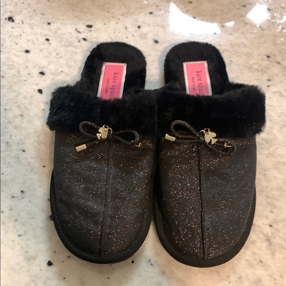 Kate Spade Black Plush Trim Slippers